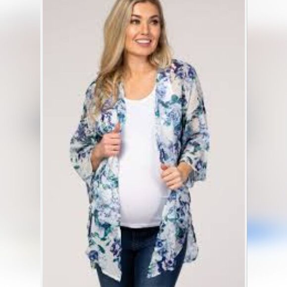 Pinkblush Maternity Chiffon Bell Sleeve Kimono White‎ Blue Floral Medium - Picture 1 of 8